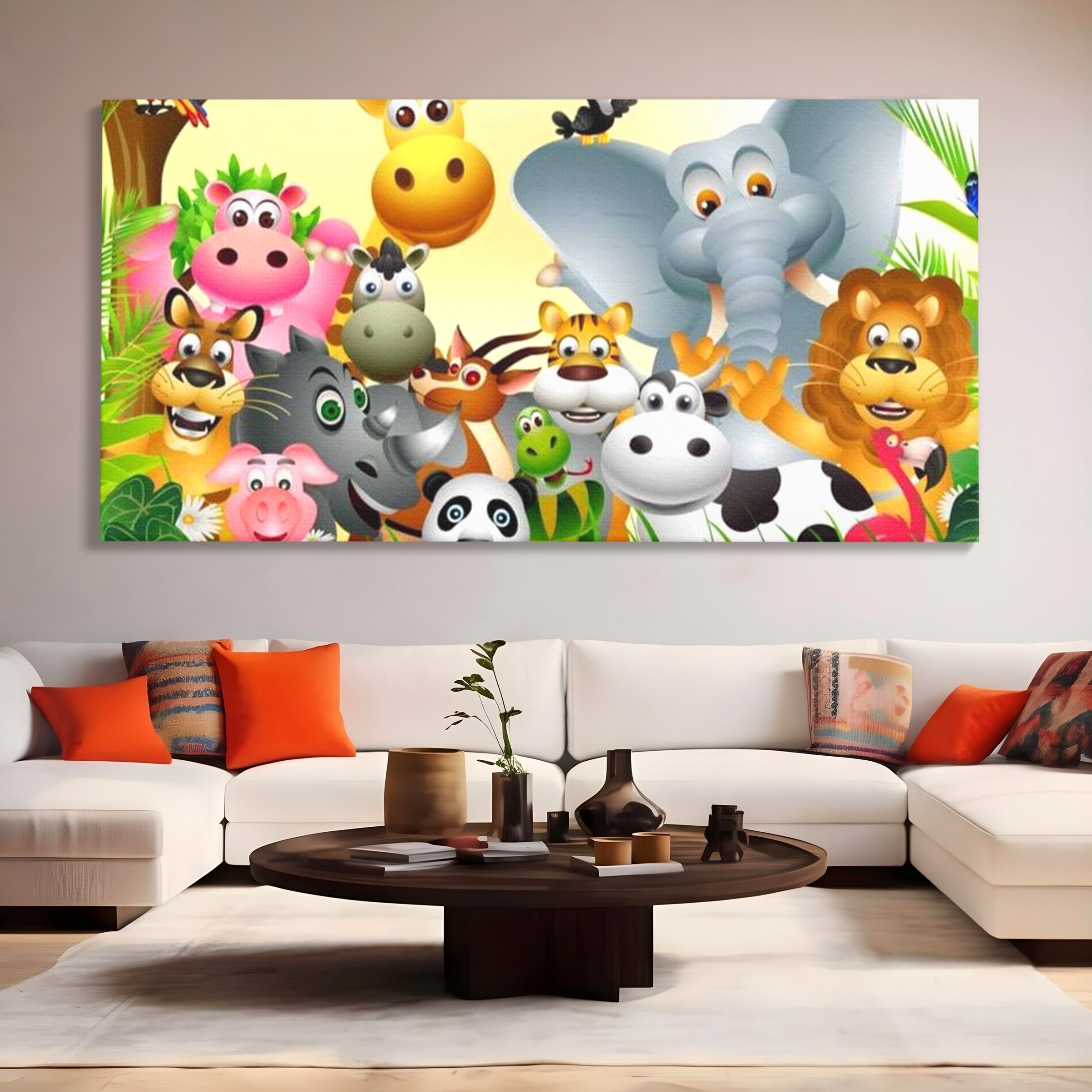 Tablou canvas cu tablou canvas cu animale din jungla, fara rama, pe sasiu de lemn, pe perete intr-un living
